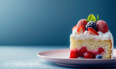 Indulge in a delicious slice of strawberry cake, topped with whipped cream and fresh mixed berries.