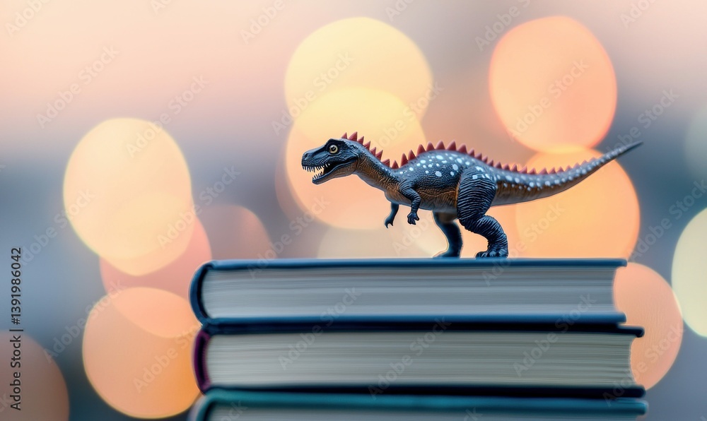 Poster a miniature toy dinosaur stands guard on a stack of books, surrounded by a soft bokeh backdrop.