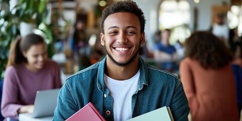 Smiling african young adult male holding books in a busy café setting