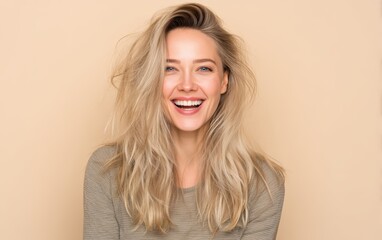 Fototapeta premium A happy woman with ash blonde messy hair, pastel light yellow background