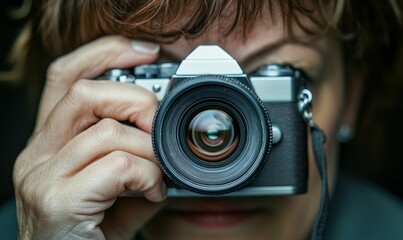 A photographer aims her vintage camera to take a photo, capturing a moment with artistic flair.