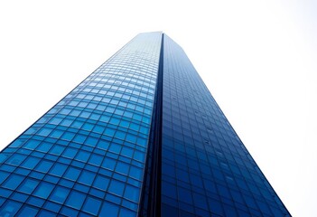 Sleek, blue-tinted glass skyscraper against a bright white sky, lines, modern architecture