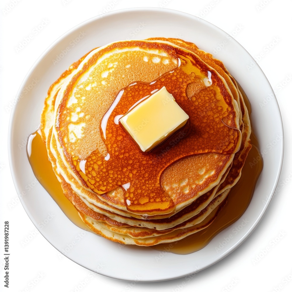 Poster a serving of pancakes with syrup and butter, displayed on a see-through background