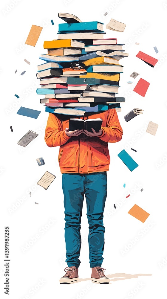 Poster a person holds a book while surrounded by a floating pile of colorful books, symbolizing knowledge a