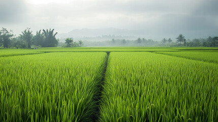 Fototapeta premium lush green rice field stretches into horizon under cloudy sky