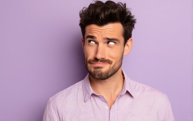Fototapeta premium A man with amused side glance, slight grin, pastel lavender background