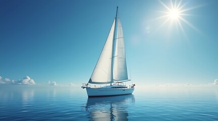 Fototapeta premium A sailboat with white sails sailing on calm blue water under a clear sky with a bright sun shining above