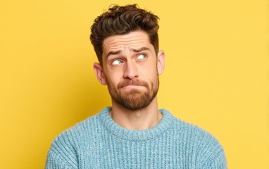 Fototapeta premium A man with skeptical look, raised eyebrow, pastel yellow background