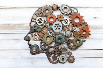 Gears Forming Human Head Profile Representing Thinking and Mechanical Mind