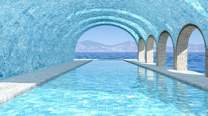 Obraz premium Serene Infinity Pool Turquoise Tiles and Ocean View under Archway A breathtaking view from a luxurious resort pool