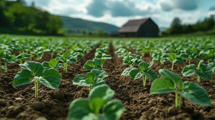 Young Green Seedlings Growing in Fertile Soil on a Sunny Farm Day