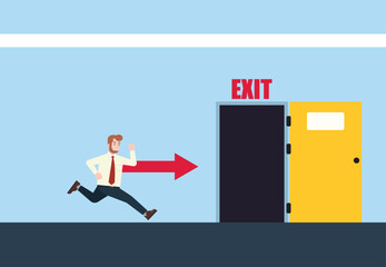 Businessman running to the exit door. A man running for emergency evacuation. The concept of human resources resignation. Deciding to go in a better direction. Flat vector illustration
