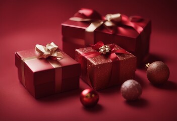 Obraz premium present gift christmas red boxes background deep glistering ribbon birthday minimal up high bow copy space season magic celebration box glowing festive merry new year surprise decoration star flat