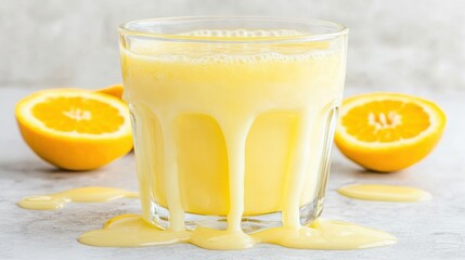 Creamy Orange Juice Dripping from Glass, Fresh Orange Halves