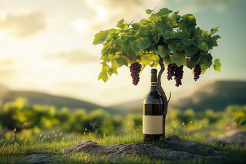 A creative concept where a wine bottle transforms into a tree with grapevines growing from it. Blurred wineyard in background.