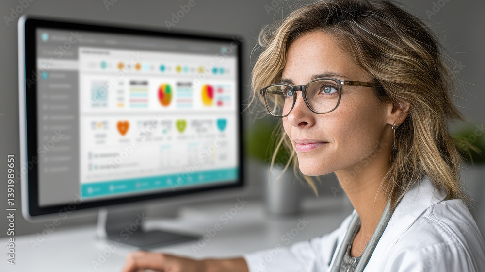 Aufkleber researcher analyzes live trial data on advanced dashboard monitoring patient biometrics in high-tech