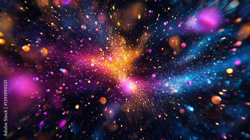 Wall mural abstract cosmic explosion with vibrant colors and glittering particles.