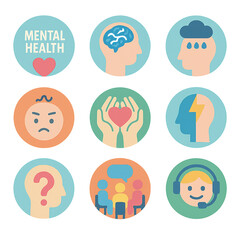 Set of 9 pastel vector icons on mental health and emotional wellness