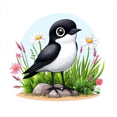 Naklejka premium Cute cartoon bird standing on a rock surrounded by vibrant flowers and greenery in a playful, colorful landscape