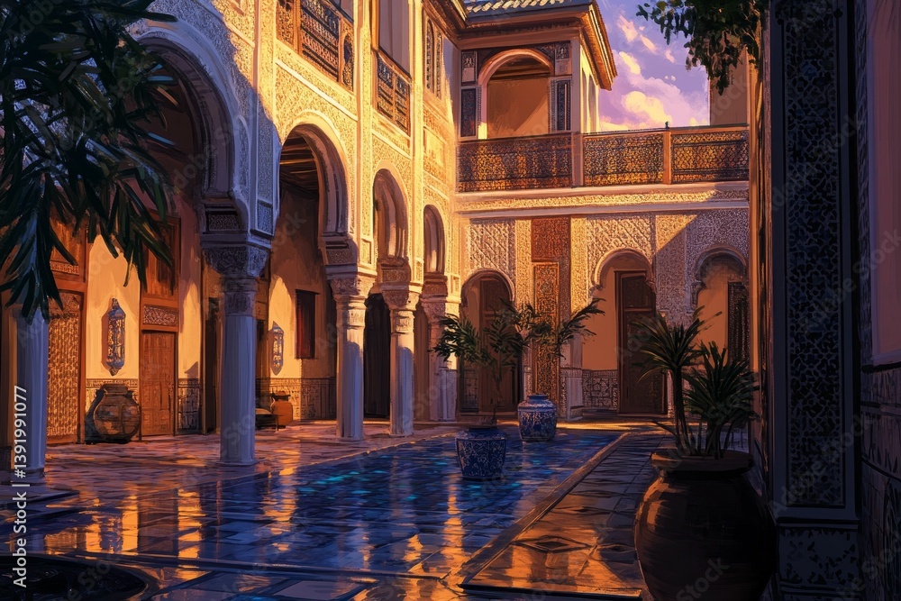 Poster courtyard with arches and pool reflecting light in a building with intricate designs.