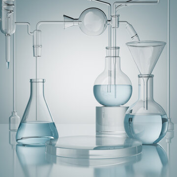 Cosmetic scientific skincare background materials, podium display with glass flask, Laboratory 3d rendering Background.
