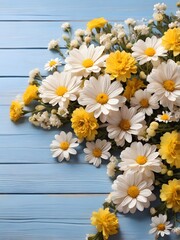 Fototapeta premium Bright and cheerful spring themed background with fresh yellow and white flowers top border, Garden flowers over wooden background