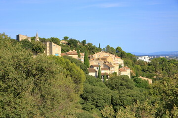 view to the hilltop village Les Angles near Avigon, Provence, France