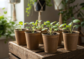 Obraz premium Young Cabbage Seedlings in Eco-Friendly Cups on Rustic Wooden Crate