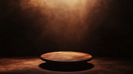Wooden round podium, spotlight, smoky brown background, product display, promotional image