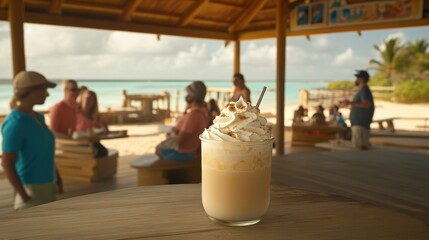 Creamy Tropical Drink with Whipped Cream at Beach Bar