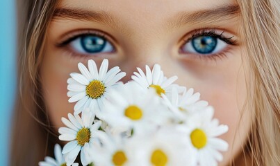 A young girl's captivating blue eyes peek out from behind a cheerful bouquet of white daisies.