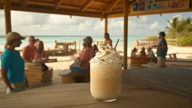 Creamy Tropical Drink with Whipped Cream at Beach Bar