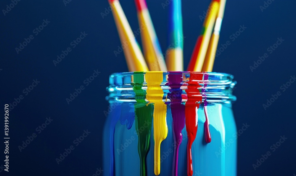 Poster a collection of paintbrushes in a jar with colorful paint streaks down the sides, creating an artist