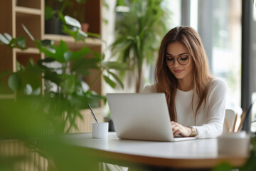 Fototapeta premium young beautiful woman using laptop at eco friendly office