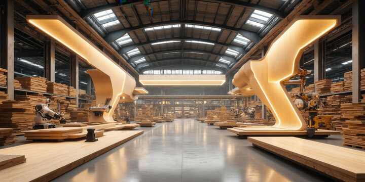 Robotic Timber Construction Factory A fully automated industrial space where AI-driven robotic arms precision-cut and assemble wooden structures, illuminated