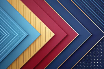 Obraz premium Modern abstract background in light blue, dark blue, red, lilac, and yellow. Minimalist. Color gradient. Geometric shape. Lines, stripes, triangles, angles, and 3D shadows. Futuristic design. Metallic