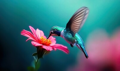 Obraz premium A beautiful hummingbird with iridescent plumage sips nectar from a bright pink zinnia flower.