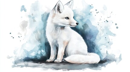 Watercolor Illustration of a White Fox Cub