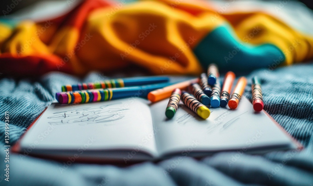 Poster open notebook on a textured blanket with a collection of colorful crayons and striped pens.