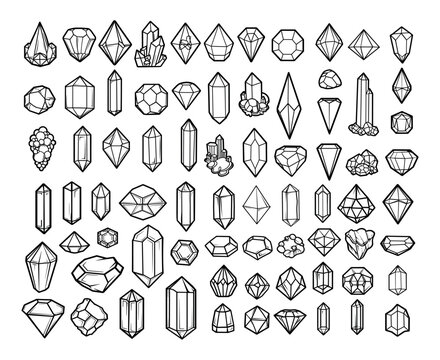 Precious stones and crystals black outline vector collection. Shiny gem brilliance cut rock quartz gemstones, minerals glass pebbles monochrome contour drawing isolated illustrations backdrop