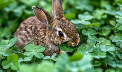 Fototapeta premium A cute brown hare enjoys a snack of fresh clover in a lush green meadow, its fur blending in.