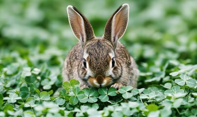 Obraz premium A close-up of a wild rabbit nestled among lush green clover, gazing attentively at the viewer.