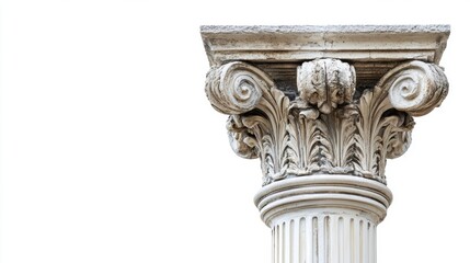 Obraz premium Close-up of an antique ionic column capital against a white background.
