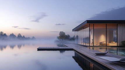 luxurious lakefront villa with glass wall reflects on calm water