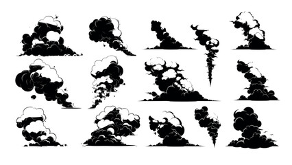 Smoke haze clouds black ink sketch vector set. Misty vapor foggy wisps curls plumes, steam mist trails smoky fog gray drifting fumes swirls, monochrome isolated illustrations on white backdrop