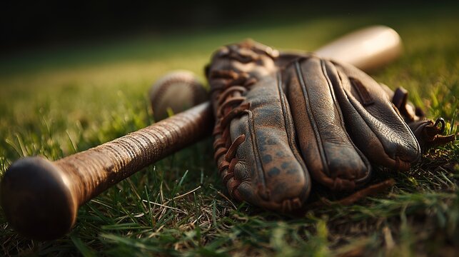 Nostalgic baseball theme: aged leather glove and classic bat on natural grass, soft focus background.