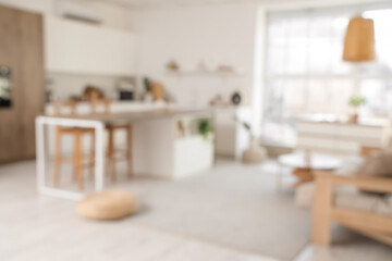 Blurred view of modern studio apartment with kitchen counters, plants and window