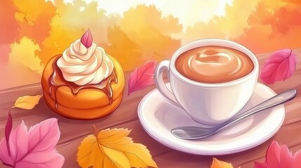 Warm Autumn Coffee and Cream topped Pastry on Wooden Table