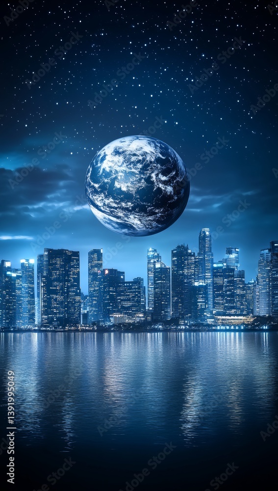 Poster the concept of global technology is represented by a blue globe interconnected with lights and lines