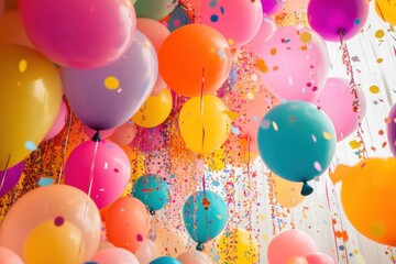 Vibrant indoor celebration filled with colorful helium balloons and falling confetti, creating a festive and joyful party atmosphere